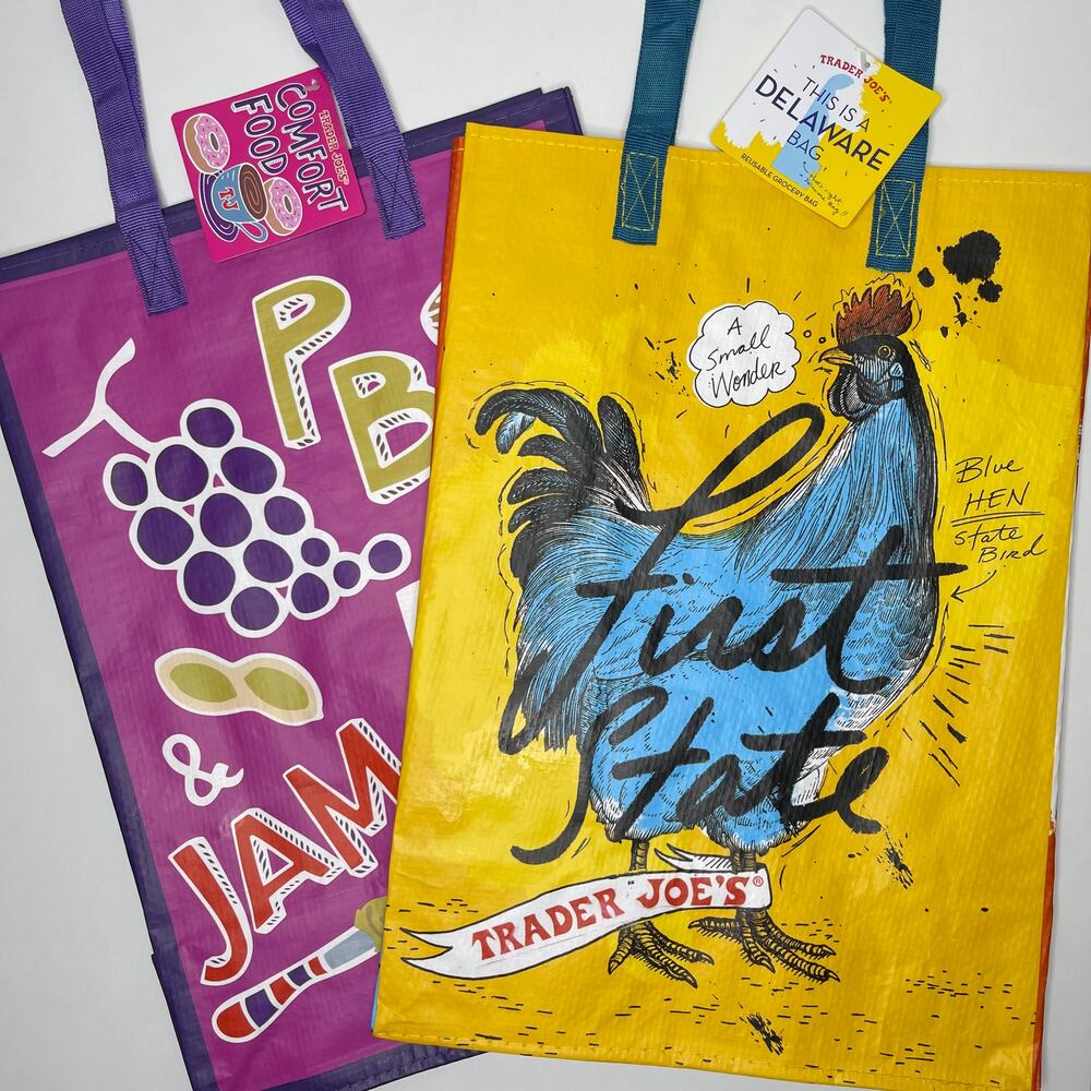 Set of 2 — Trader Joe’s Illustrated Reusable Tote COMFORT FOOD + DELAWARE DE NWT
